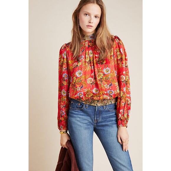 New Anthropologie Toscana Peasant Floral Blouse by Nikasha $160 X-SMALL Red - Picture 4 of 6